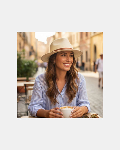Woman Wearing Beige Jacaru Toquilla Panama Hat