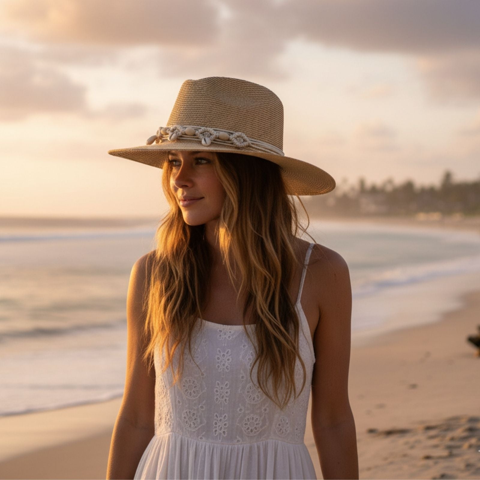 Woman Wearing Beige Jacaru Straw Shell Natural