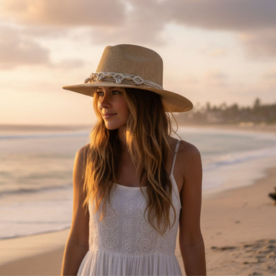 Woman Wearing Beige Jacaru Straw Shell Natural