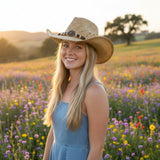 Woman wearing Natural Jacaru Straw Cowboy Hat