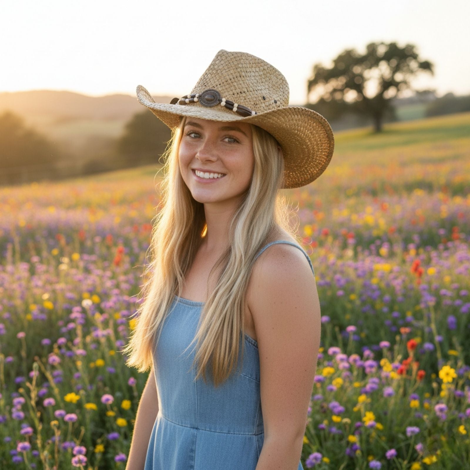 Woman wearing Natural Jacaru Straw Cowboy Hat
