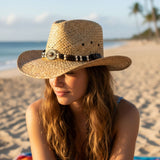 Woman wearing Natural Jacaru Straw Cowboy Hat