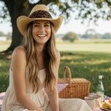 Woman wearing Natural Jacaru Straw Cowboy Hat