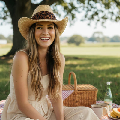 Woman wearing Natural Jacaru Straw Cowboy Hat