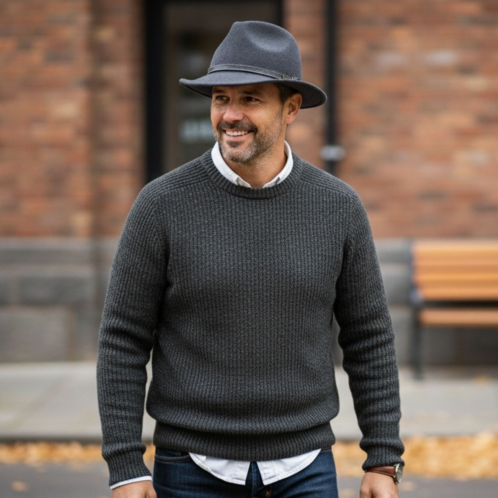 Man Wearing Dark Grey Jacaru 1848 Trilby