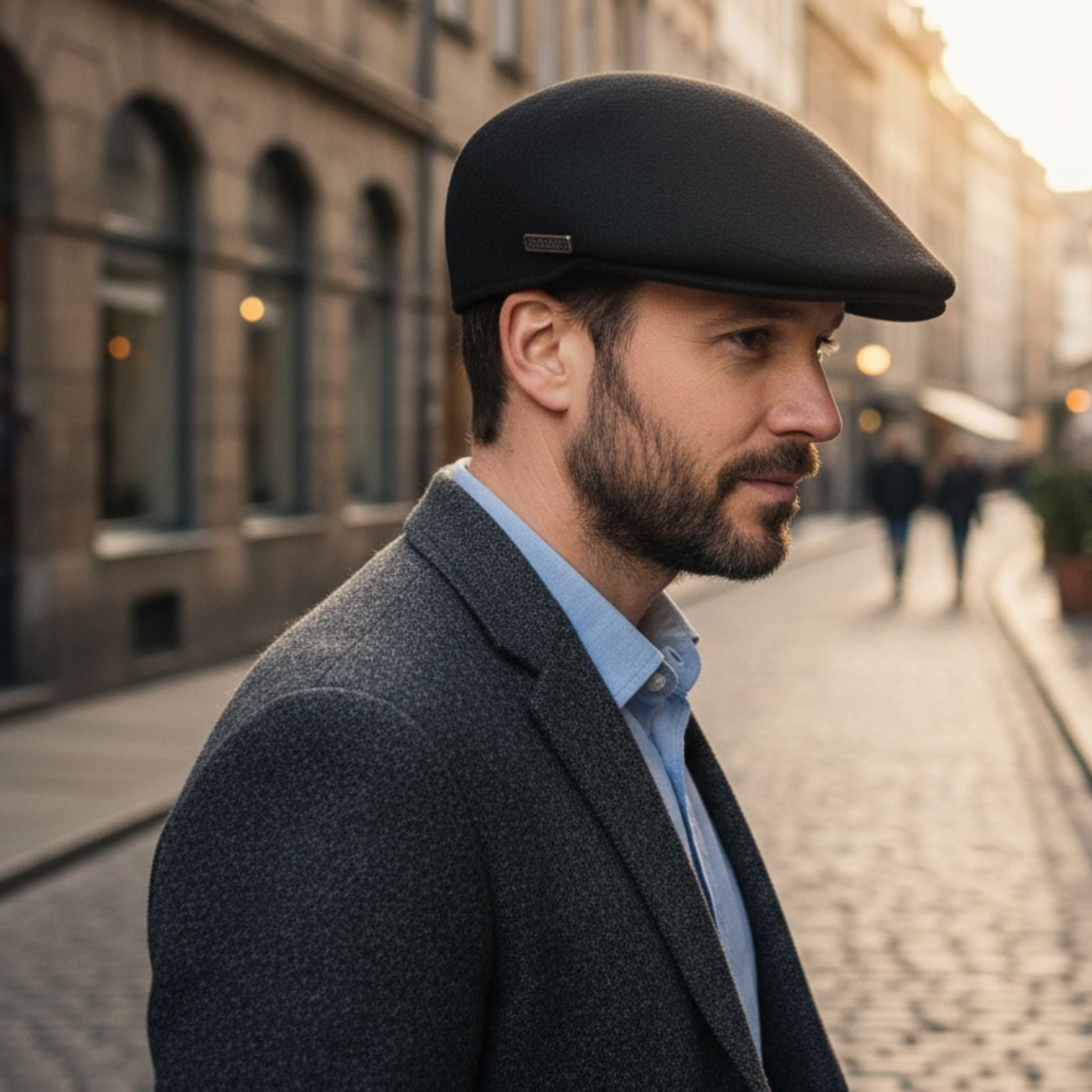 Man Wearing Black Jacaru 1850 Aston Drivers Cap 