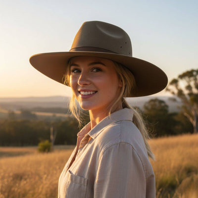 Woman Wearing Khaki Brown Jacaru 1857 Wool Felt Cowboy Hat