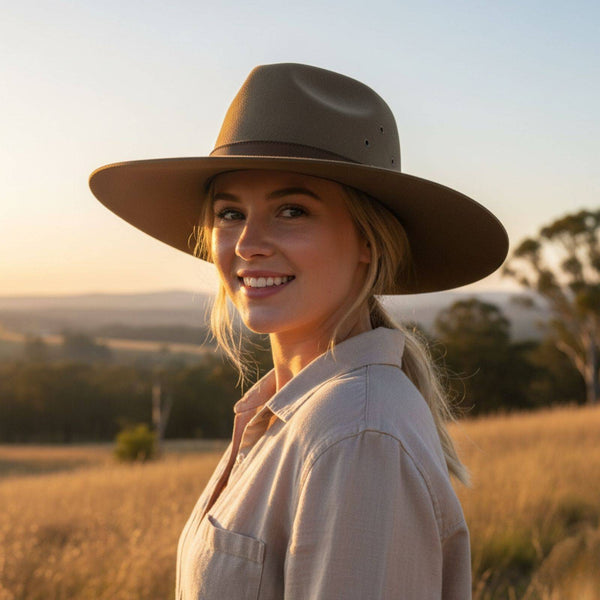 Woman Wearing Khaki Brown Jacaru 1857 Wool Felt Cowboy Hat