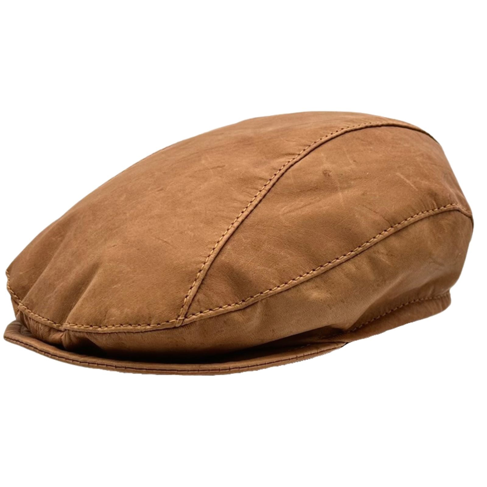 A Tan kangaroo leather driver's cap with visible stitching and a flat brim.