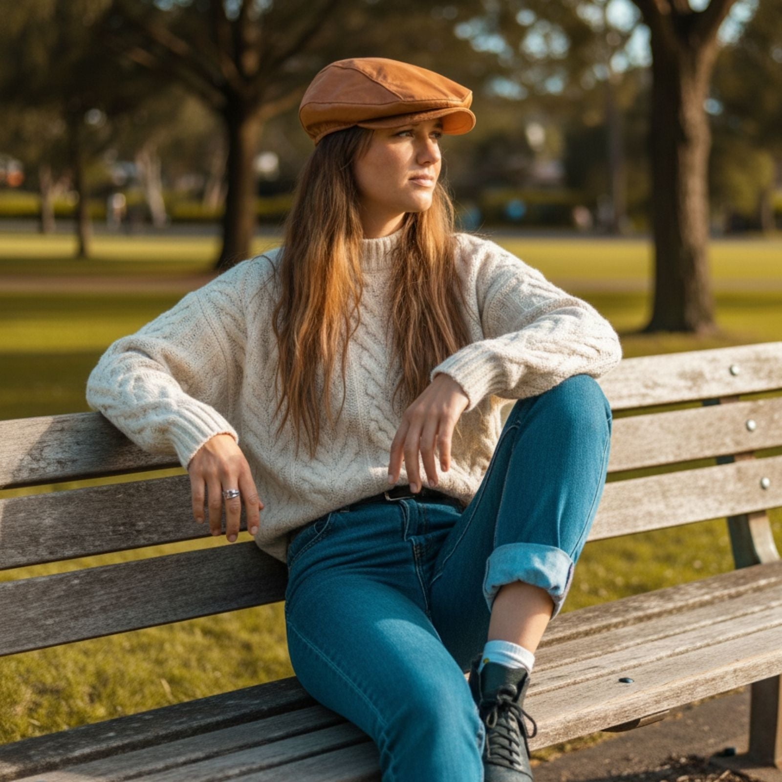 Woman sitting on a bench in a park wearing a Kangaroo Drivers Cap beige sweater.