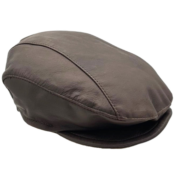 A Brown kangaroo leather driver's cap with visible stitching and a flat brim.
