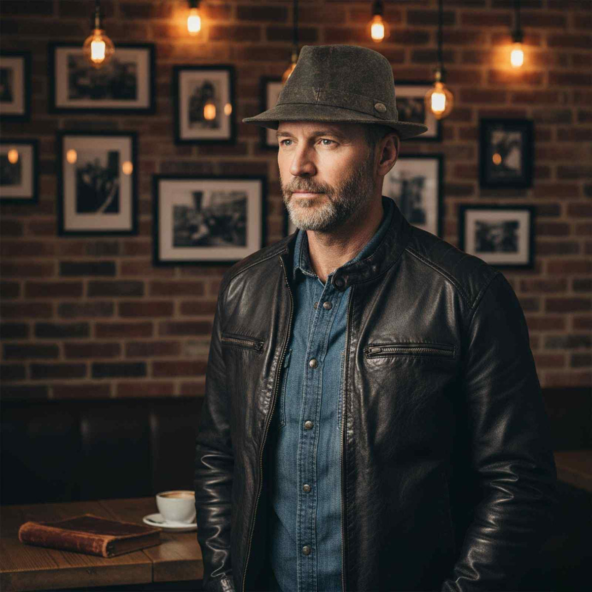 Man wearing a leather jacket and Kangaroo Trilby Hatin a room with framed pictures on the wall.