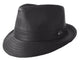 A Black kangaroo leather trilby hat with a soft texture and a branded button on the front.