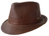 A brown kangaroo leather trilby hat with a soft texture and a branded button on the front.