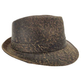 A Stonewash Brown kangaroo leather trilby hat with a soft texture and a branded button on the front.