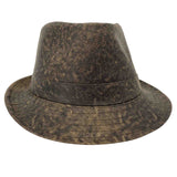 A Stonewash Brown kangaroo leather trilby hat with a soft texture and a branded button on the front.