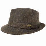 A Stonewash Brown kangaroo leather trilby hat with a soft texture and a branded button on the front.