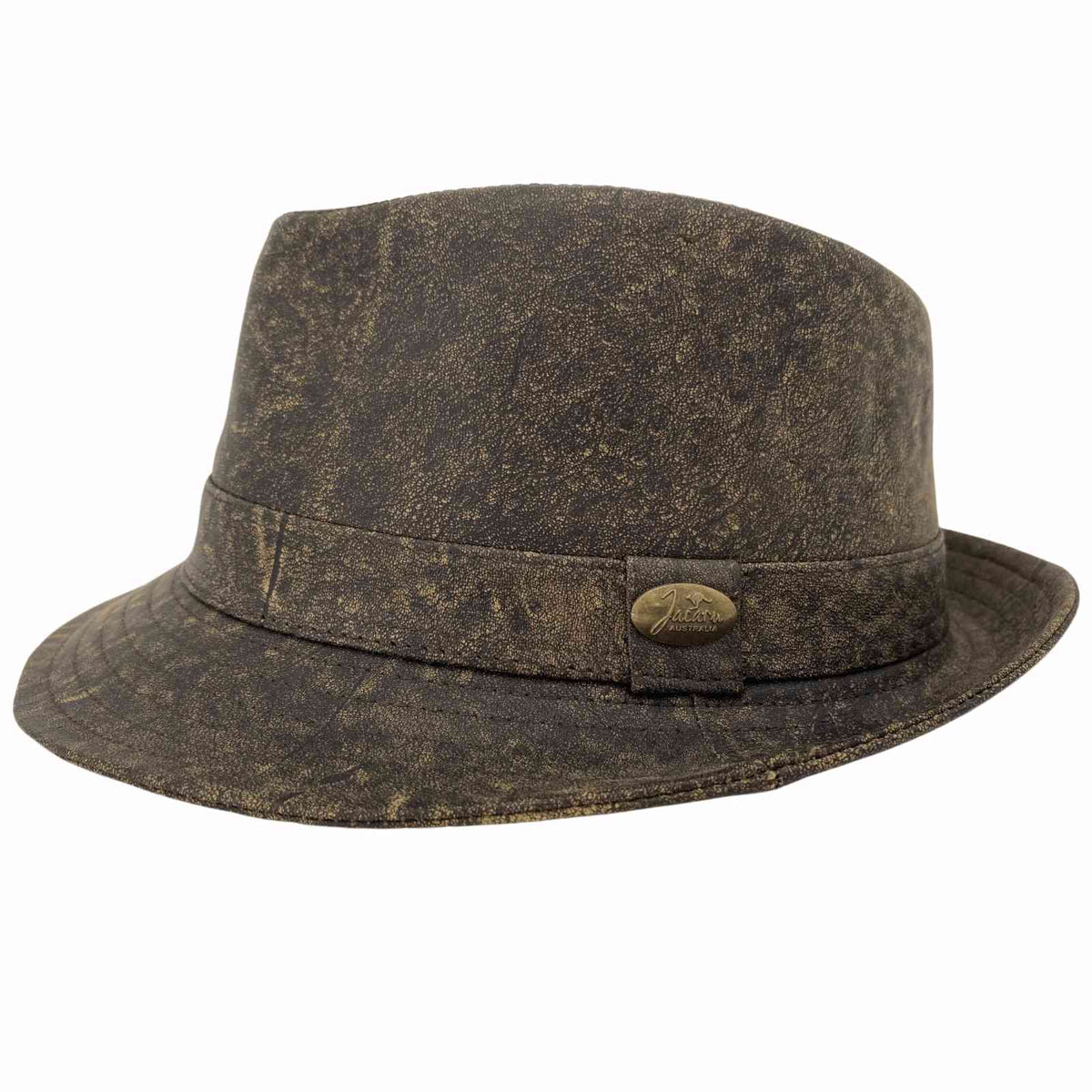 A Stonewash Brown kangaroo leather trilby hat with a soft texture and a branded button on the front.