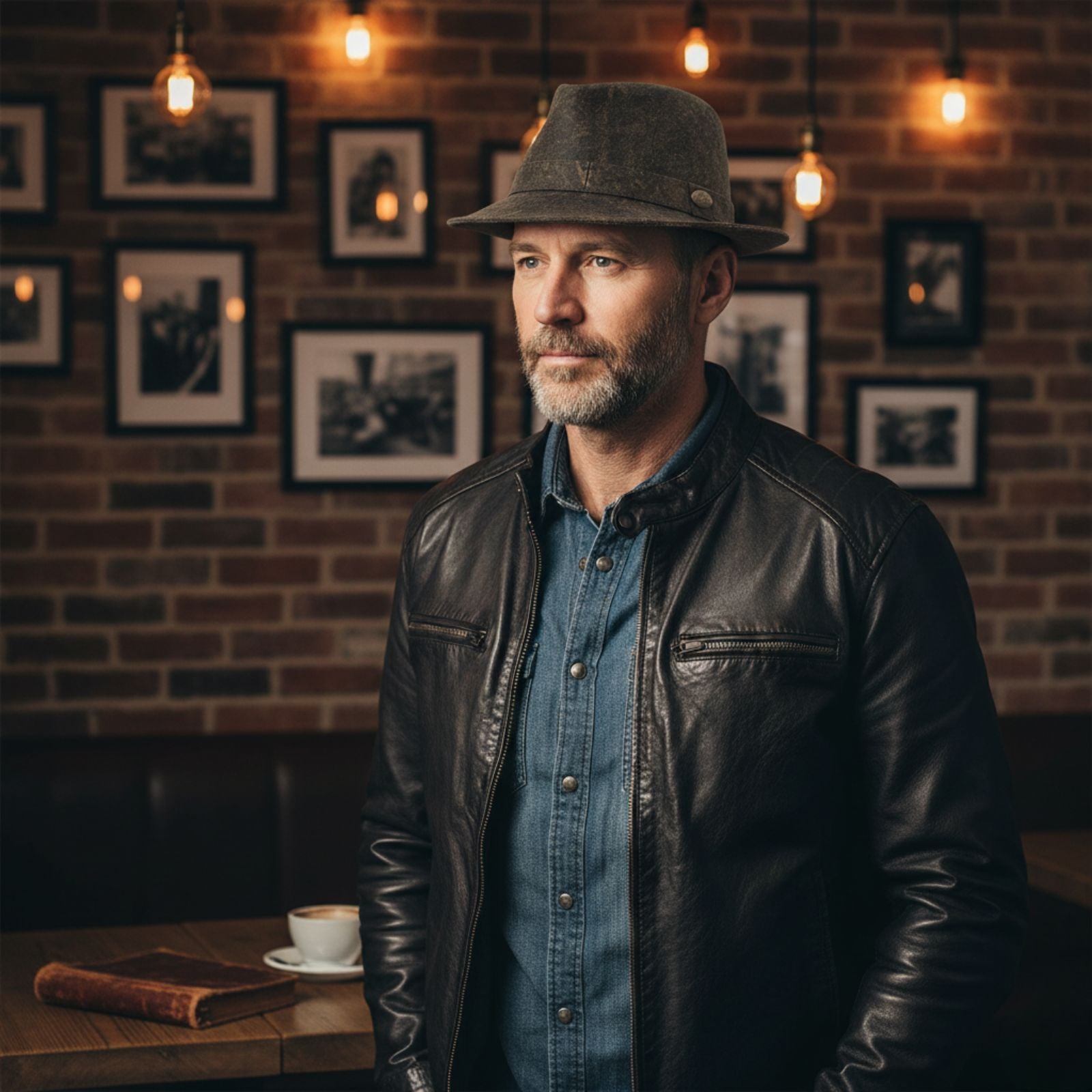 Man wearing a leather jacket and Kangaroo Trilby Hatin a room with framed pictures on the wall.