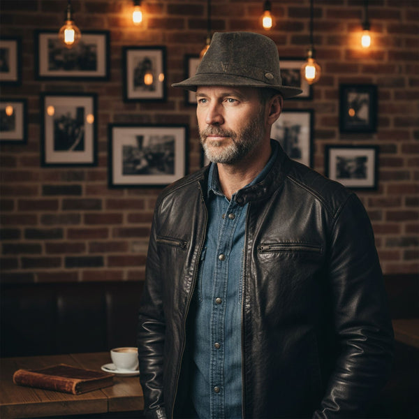 Man wearing a leather jacket and Kangaroo Trilby Hatin a room with framed pictures on the wall.