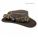 Brown hat with a leopard print band on a white background