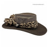 Brown hat with a leopard print band on a white background