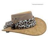 Beige wide-brimmed hat with a leopard print scarf on a white background