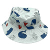 Jacaru 1895 white bucket hat with blue whale, anchor, and red sailboat print featuring stitched brim.