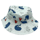 Jacaru 1895 white bucket hat with blue whale, anchor, and red sailboat print featuring stitched brim.