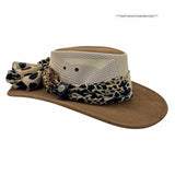 Brown hat with a leopard print scarf on a white background