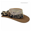 Brown hat with a leopard print scarf on a white background