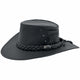A Black Jacaru 1001A Kangaroo hat with a foldable leather crown and a braided leather band around the base.