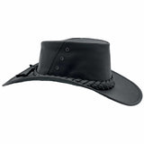 A Black Jacaru 1001A Kangaroo hat with a foldable leather crown and a braided leather band around the base.