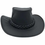 A Black Jacaru 1001A Kangaroo hat with a foldable leather crown and a braided leather band around the base.