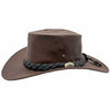 A brown Jacaru 1001A Kangaroo hat with a foldable leather crown and a braided leather band around the base.