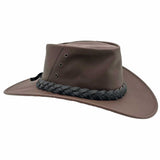 A brown Jacaru 1001A Kangaroo hat with a foldable leather crown and a braided leather band around the base.