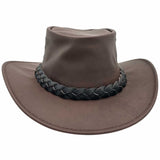 A brown Jacaru 1001A Kangaroo hat with a foldable leather crown and a braided leather band around the base.