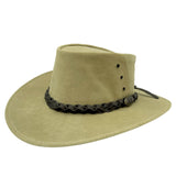 A Sand Jacaru 1001A Kangaroo hat with a foldable leather crown and a braided leather band around the base.