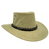 A Sand Jacaru 1001A Kangaroo hat with a foldable leather crown and a braided leather band around the base.