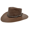 A brown kangaroo leather hat with a moldable wire brim and a braided band, made in Australia.