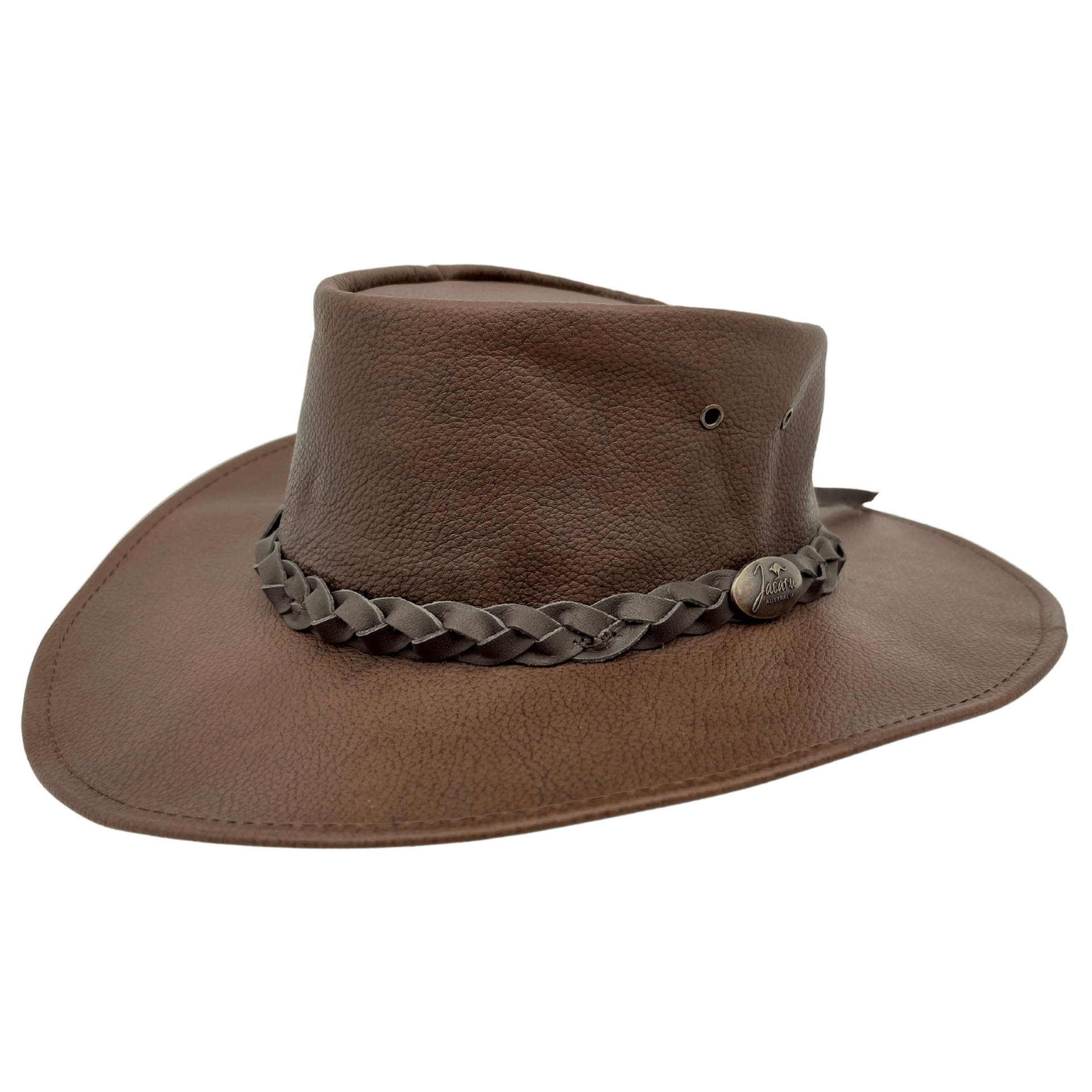 A brown kangaroo leather hat with a moldable wire brim and a braided band, made in Australia.