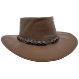 A brown kangaroo leather hat with a moldable wire brim and a braided band, made in Australia.