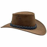 Brown suede outback hat with braided black leather band.