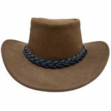 Rear view of brown suede outback hat with braided band.