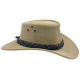 Light tan suede bush hat with black braided hatband.