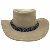 rearview of Light tan suede bush hat with black braided hatband.