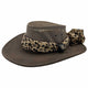 A beige Jacaru 1022 Shady Lady hat made of brushed cow suede leather, featuring a mesh crown and a chiffon scarf around the base.