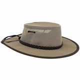 A beige and brown Jacaru 104 Bushbreeze Camper hat with a mesh crown and chinstrap.