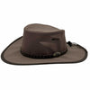 A brown Jacaru 104 Bushbreeze Camper hat with a mesh crown and chinstrap.