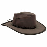 A brown Jacaru 104 Bushbreeze Camper hat with a mesh crown and chinstrap.
